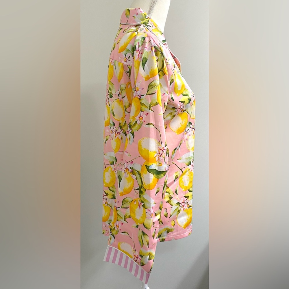 Womens L Pink w/ Yellow Lemon Print Long Sleeve Pajama Shorts Set Preppy Classic - Picture 8 of 16